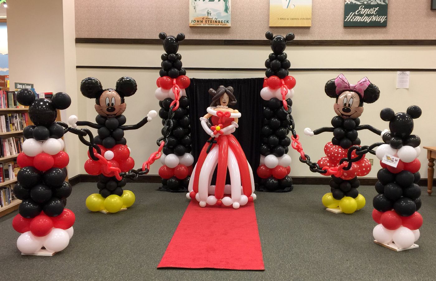 Mouse and princess balloon decorations for a children's story time event in Cary NC