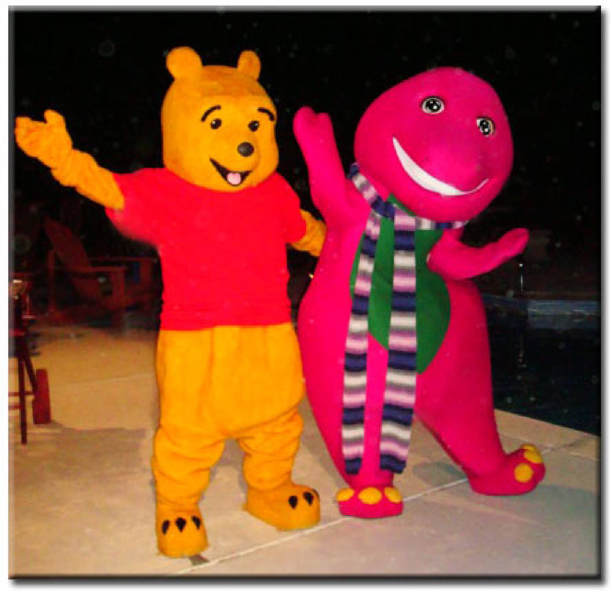 Honey bear and purple dinosaur costumed character rental